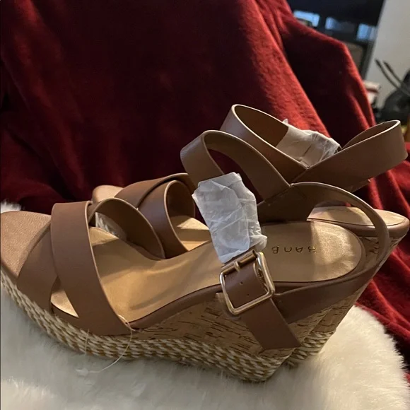 NWT Bamboo Buckle Strap Wedge Sandals Brown - Picture 10 of 13